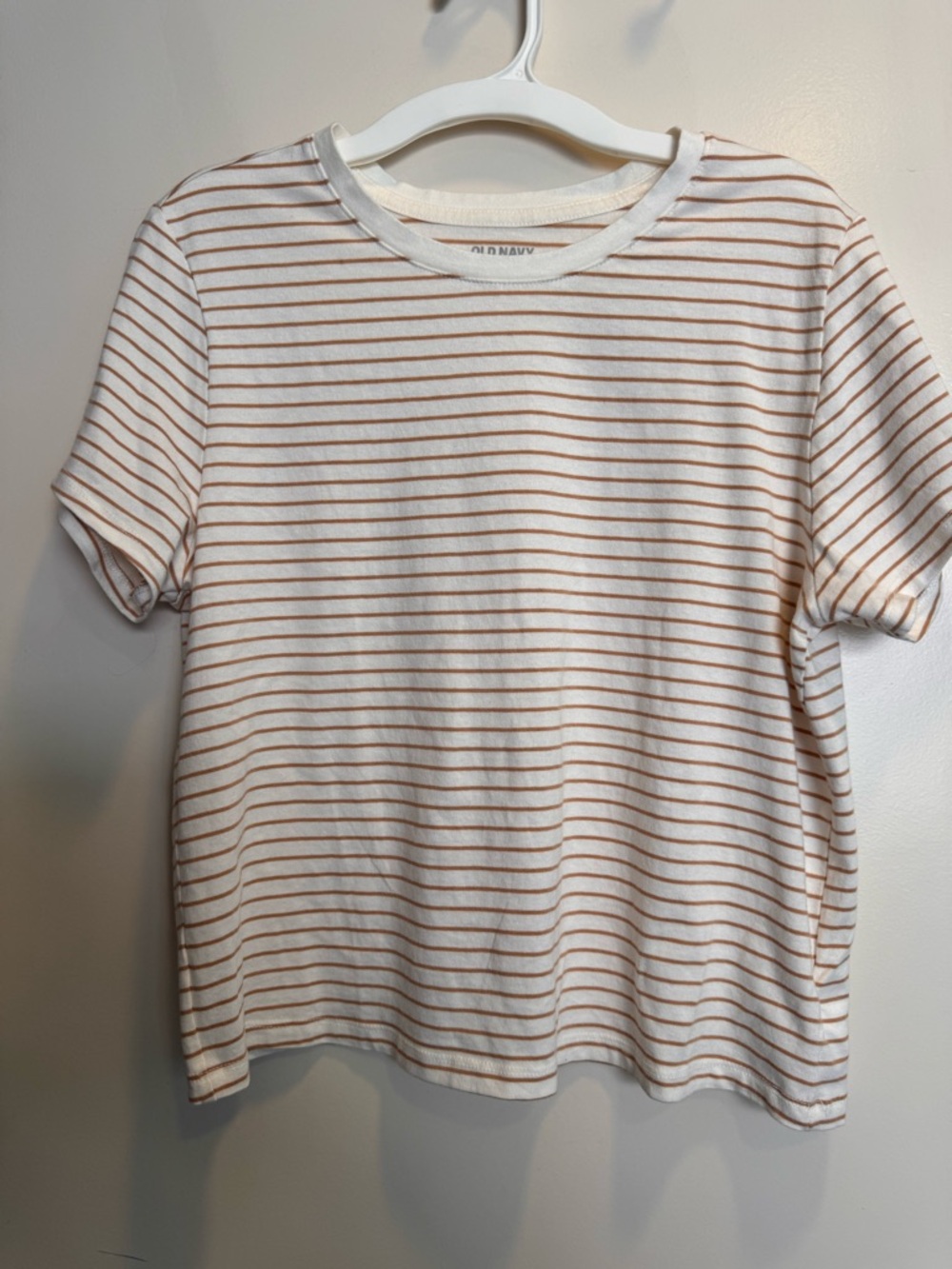 Old Navy Striped Short Sleeve Cropped Tee Cream with Tan Stripes Large